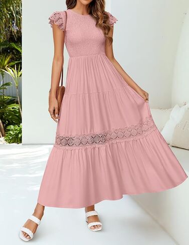 ZESICA Women's Casual Crew Neck Flutter Sleeve Smocked High Waist Hollow Out Lace Trim Tiered A Line Midi Dress in Saudi Arabia