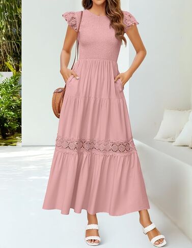 ZESICA Women's Casual Crew Neck Flutter Sleeve Smocked High Waist Hollow Out Lace Trim Tiered A Line Midi Dress in Saudi Arabia