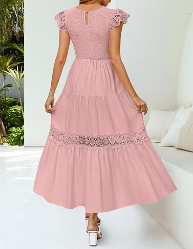 ZESICA Women's Casual Crew Neck Flutter Sleeve Smocked High Waist Hollow Out Lace Trim Tiered A Line Midi Dress in Saudi Arabia