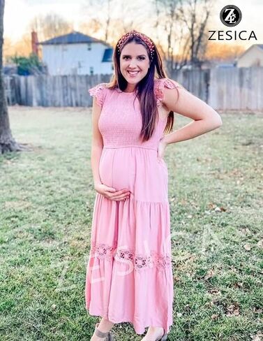 ZESICA Women's Casual Crew Neck Flutter Sleeve Smocked High Waist Hollow Out Lace Trim Tiered A Line Midi Dress in Saudi Arabia