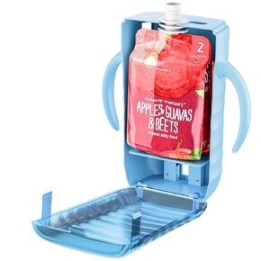 AJT 2 Pack Pouch Holder No Squeeze - Adjustable Slider Holder for Food Pouches & Juice Boxes, Spill Proof Push-Open Design & Easy Grip Handle For Baby Self-Feeding(Blue & Green)