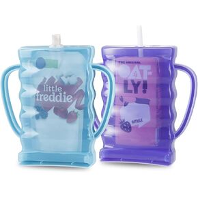 PandaEar 2 Pack Squeeze Proof Food Pouch Holder for Toddlers, Baby Pouch Holder with Handle for Food Pouches and Drink Juice Boxes, Blue/Purple