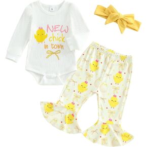 Newborn Baby Girl Easter Outfit New Chick In Town Ribbed Romper Chicks Bow Flare Pants Headband Clothes Set