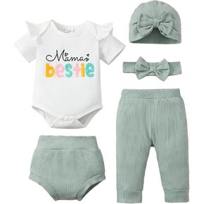 SUNNY PIGGY Baby Girl Clothes Infant Newborn Girls Outfit Short Sleeve Romper with Headband 5Pcs Set
