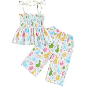 VISGOGO Easter Toddler Girl Outfit Sleeveless Smocked Strap Camisole Linen Pants Egg Easter Baby Girl Outfit Clothes