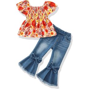 Baby Girl Clothes Toddler Girl Outfits Kids Puff Sleeve Shirt Top Flare Denim Pants Jeans Clothing for Little Girls