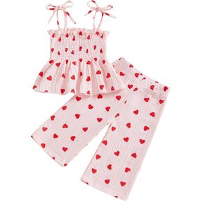 VISGOGO Toddler Baby Girl Outfits Sleeveless Smocked Strap Camisole Linen Pants Bow Baby Summer Clothes
