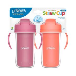 Dr. Brown's Milestones Insulated Sippy Cup with Straw and Handles, Spill-Proof Tumbler with Lid, 2-Pack, Pink, 10 oz/300 mL, BPA Free, 12m+