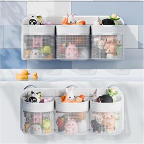 Large Bath Toy Storage, Bath Toy Holder for Bathtub Toys, Quick Drying Bath Toy Organizer with Strong Adhesive&Suction Hooks, Hanging Bathtub Toy Storage Basket Shower Organizer for Kids Bath Toys