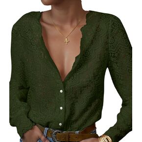 Lace Tops for Women Dressy Casual Blouses Puff Long Sleeve V Neck Button Down Business Work Shirts in Kuwait