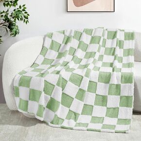 Exclusivo Mezcla Checkered Throw Blanket, Super Soft and Warm Fluffy Fleece Blanket for Couch, Sofa, Bed, Cute Plaid Pattern, Sage Green, 50" x 60"