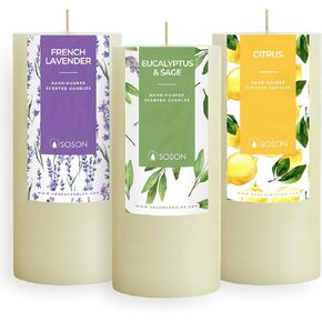 Simply Soson 3x6 inch Ivory Rustic Eucalyptus and Sage Pillar Scented Candle - 3 Pack - for Home Decor, Aromatherapy, Weddings, Restaurants, Spa, Church
