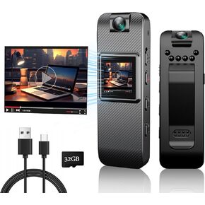 Mini Body Camera HD 1080P Wearable Video Recorder, Small Security Camera with 32GB SD Card Night Vision 1.3 Inch Display 180° Rotatable Lens, Portable Body Cam for Law Enforcement/Sports/Delivery