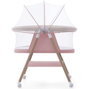 Jaoul Baby Bassinet, Portable Baby Travel Crib for Baby Bed with Wheels Comfy Mattress Mosquito Net Storage for Infant Newborn Lightweight and Breathable Mesh Design Pink