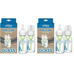 Dr. Brown's Natural Flow Anti-Colic Options+ Narrow Glass Baby Bottle 4 oz/120 mL, with Level 1 Slow Flow Nipple, 4 Pack, 0m+