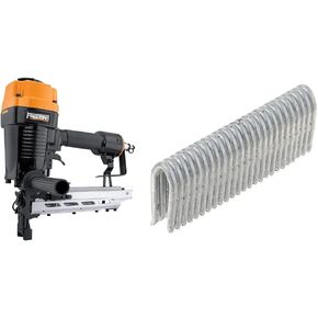 Freeman PFS9 Pneumatic 9-Gauge 2" Fencing Stapler with T-Handle, Adjustable Metal Belt Hook, and Case, Orange | Freeman FS9G175 9-Gauge 1-3/4" Glue Collated Fencing Staples (1000 Count)