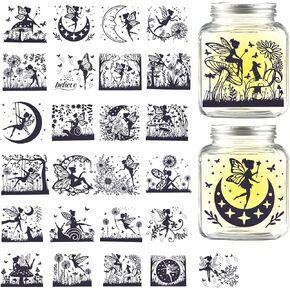 GLOBLELAND 25Pcs Fairy Silhouette Mason Jar Decals Stickers Flower Moon Plastic Silhouette Wall Decals Stickers Adhesive Lantern Jar Stickers Window Lamp Decals Glass Art Mural Home Decor