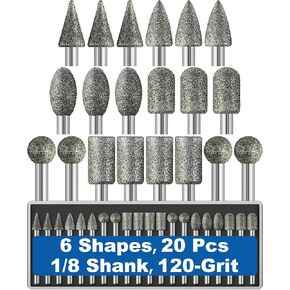 20Pcs 120-Grit Diamond Grinder Bit 1/8" Shank Compatible with Dremel Rotary Tool Attachment Accessories Grinding Burrs for Stone Glass Resin Porcelain Ceramic Quartz Glaze Steel Carve Engrave Polish