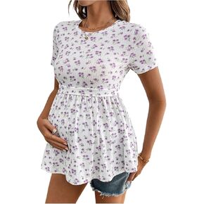 MakeMeChic Women's Maternity Tee Floral Crew Neck Short Sleeve Ruffle Hem Pregnancy T Shirt