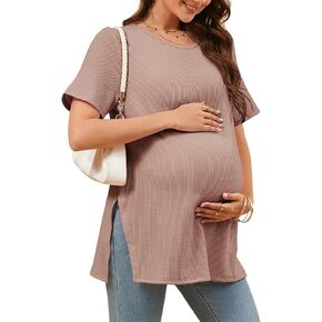 Tankaneo Womens Paternity T قمصان الصيف مضلعة الأكمام قصيرة الأكمام قمم تونك تونك سليمة مقسمة ملابس الحمل