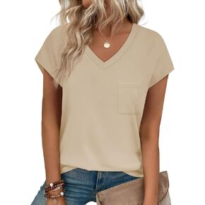 SAMPEEL Womens T Shirts V Neck Cap Short Sleeve Summer Tops Trendy 2025 Loose Casual Tshirts with Pocket