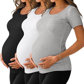Neer 3 Pack Women's Maternity T Shirts Ribbed Cotton Pregnancy Tops Short Sleeve Crew Neck Soft Summer Tee Mama Clothes