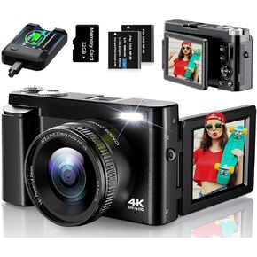 4K Digital Camera for Photography, UHD Autofocus 48MP 180° Flip Screen 16X Zoom Compact Point Shoot Vlogging Camera for YouTube with 2 Batteries, 32GB Card (Black)