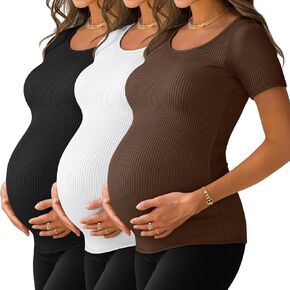 Neer 3 Pack Women's Maternity T Shirts Ribbed Cotton Pregnancy Tops Short Sleeve Crew Neck Soft Summer Tee Mama Clothes