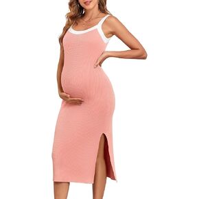 V FOR CITY Maternity Dresses Sleeveless Rib Knit Slit Baby Shower Dress Casual Square Neck Bodycon Pregnancy Outfits