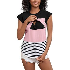 Bhome Nursing Tops Cap Sleeve Maternity Top Double Layer Breastfeeding Shirts Color Block Tees