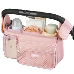 Universal Stroller Organizer with Insulated Cup Holder,Stroller Caddy Bag with Wet Wipes Pocket,Stroller Accessories Fits for Uppababy,Doona,Jogger,Britax,Mompush,BoB Strollers,Pink