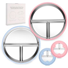 Stainless Steel Kids Plates, 2 Pcs Baby Suction Plates, 9" Toddler Stainless Steel Plates, Non Toxic & BPA Free Non Slip, Dishwasher & Microwave Safe(Blue/Pink)