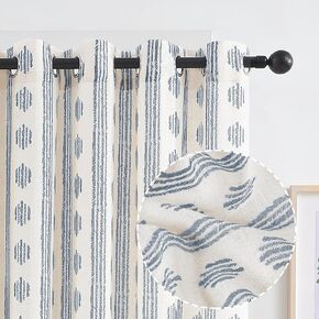 Melodieux Boho Striped Pattern Linen Textured Sheer Curtains for Bedroom, Living Room Light Filtering Grommet Window Curtain Drapes, 50 by 84 Inch, Blue on Beige(2 Panels)