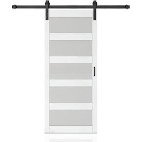 36 in. x 84 in. 5 Lite Tempered Frosted Glass Black Finished Composite Interior Sliding Barn Door with Hardware Kit