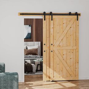 SKYSEN 32in x 84in Double Sliding Barn Doors with 6FT Single Track Bypass Barn Door Hardware Kit, Unfinished Spruce Wood, Save Spacing, Easy to Install, Maximum Fit 53in Openning.(32-84-6FT-DGZ)