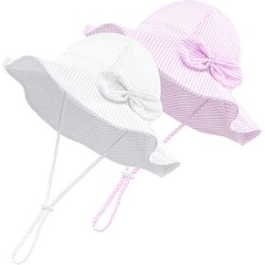 Cooraby 2 Pack Baby Girl Sun Hat with UPF 50+ Breathable Adjustable Beach Hat with Wide Brim Bucket Hat in Seersucker