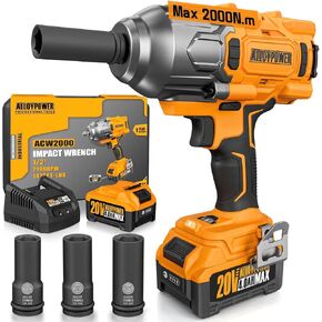 ALLOYPOWER Cordless Brushless Impact Wrench, 1475 ft-lbs (2000N.m), 1/2 High Torque power impact gun, 3-Mode Speed, 4000mAh Battery, 3 Sockets, Electric Impact Wrench Set for Car Tire Truck RV Mower