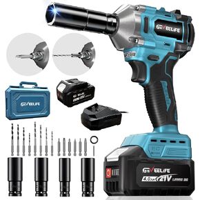 450N.m/332Ft-lbs Brushless Impact Wrench,1/2" Cordless Impact Gun with 4.0Ah Battery & 6 Sockets, Electric Impact Driver for Car/DIY Furniture/Lawn Mower/blue (450N)