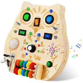 Busy Board Montessori Toy for Toddler, Wooden Sensory Activity Board with LED Light UP Switch, Baby Fidget Board Travel Toys for 18+ Months, 1 2 3 Year Old Boys Girls Toddler Toys Gifts
