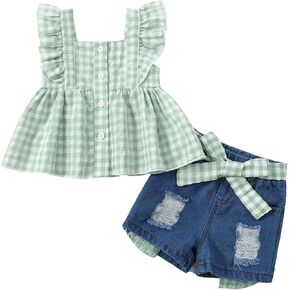 Kucnuzki Baby Girl Clothes Toddler Girl Summer Two Piece Outfit Kids Ruffle Sleeveless Plaid Tops Denim Jeans Shorts Set