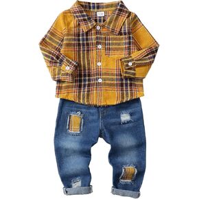 NZRVAWS Toddler Baby Boy Clothes Infant Plaid Pocket Shirt Denim Ripped Jean Pants Outfit Set 6-24 Months 2-5T
