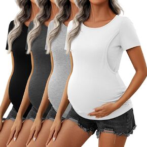 Ficerd 4 Pack Nursing Tops Cotton Short Sleeve Maternity Shirts for Women Double Layer Breastfeeding Tees Pregnancy Clothes in Kuwait