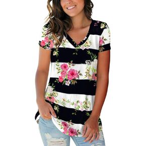 SAMPEEL Womens Summer Tops Floral Tees Short Sleeve Tunic V Neck T Shirts