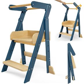 Foldable Toddler Tower with 3 Heights, Kids Kitchen Step Stool Helper for 1.5-6 Years, Toddler Standing Tower for Bathroom Sink, Kitchen Stool Helper for Kids Anti-Drop (White)