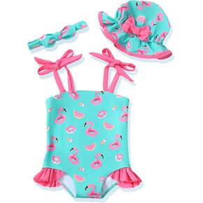 Renotemy Baby Girl Swimsuit Toddler Girls One-Piece Swimsuit Summer Beach Bikini Girl Bathing Suits with Hat 0-24 Month