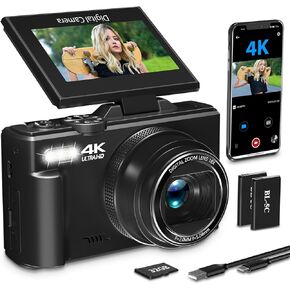كاميرا رقمية 4K للتصوير الفوتوغرافي مع شاشة Flip بنسبة 3 "180 درجة ، وكاميرا Vlogging 64 ميجابكسل لـ YouTube ، وكاميرا WiFi HD مع الفلاش ، و Zoom الرقمية 18x ، وبطاقة TF 32GB و 2 بطاريات （أسود）