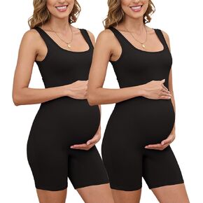 Women's 2 Piece Maternity Bodysuit Sleeveless Shorts Pregnancy Jumpsuit Square Neck Shapewear Romper Tank Top