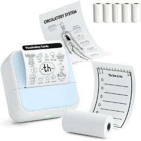 Inkless Thermal Sticker Printer - PrintPods, Mini Printer, Sticker Maker, Pocket-Sized, Bluetooth Portable for Phone, Study Notes, Diagrams & Photos, DIY, Kids Gift | 5 Adhesive Paper Rolls (Blue)