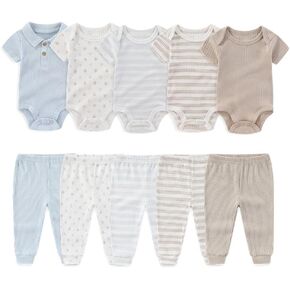 Kiddiezoom Newborn Baby Layette Set 10-Piece with Bodysuits and Pants Set for Unisex Baby Gift Sets