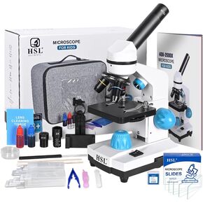 HSL Microscope for Kids + Microscope Slides and Covers,40X-2000X monocular Microscopes for Adults Students Beginner with LAD Set,Dual LED Light Powerful Biological Microscopes for School Boys Girls H